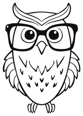 Outline Owl Character with Glasses Illustration, Clever Bird in Spectacles, Black and White Drawing