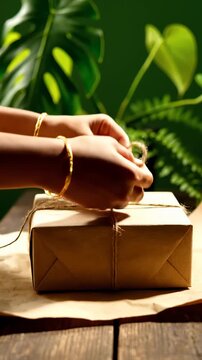 Hand Untying Twine on a Kraft Wrapped Package With Tropical Greenery in Background