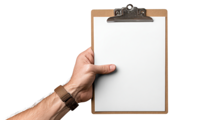 Hand holds a clipboard with a blank paper in a simple setting
