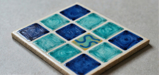 A square ceramic tile coaster with a grid of blue and teal glazed squares and a central yellow square with a blue wavy design.