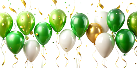 Green white and gold balloons with confetti isolated on a transparent background green balloons white balloons