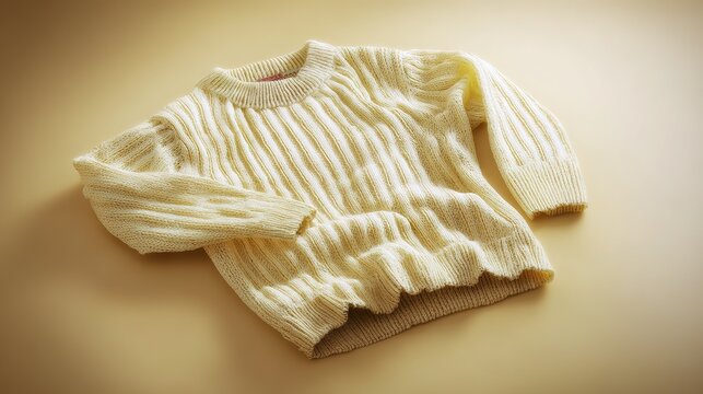 Wool sweater noticeably shrunk after washing product photo, shows smaller fit and knit texture, soft side light highlights fabric details