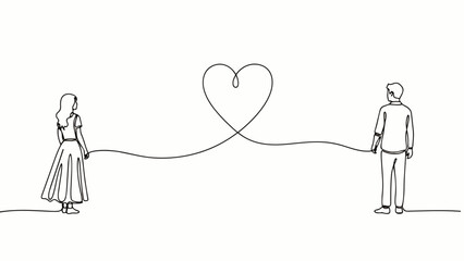 Obraz premium Continuous single line illustration depicts a couple standing apart, connected by a single, flowing, unbroken line that forms a heart shape in the space between them.