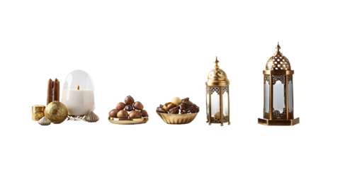 Ramadan decorations with lanterns and dates on white isolated on a transparent background candle