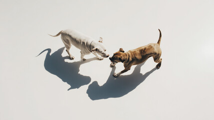 Overhead view of two playful dogs interacting on white background.