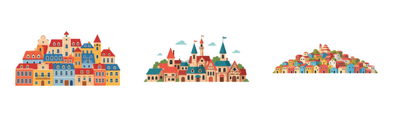 Fototapeta premium Colorful cartoon village scenes with whimsical architecture