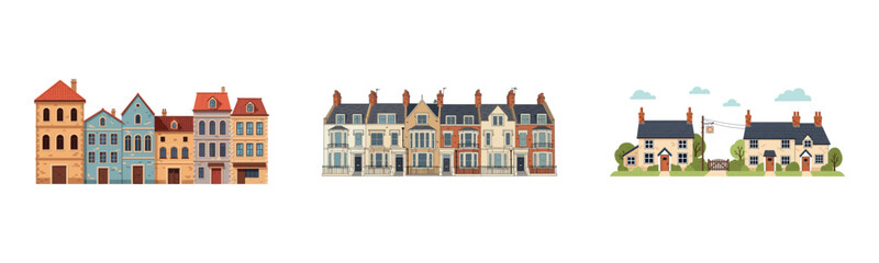 Naklejka premium Variety of residential buildings: historic townhouses, modern facades, and suburban homes