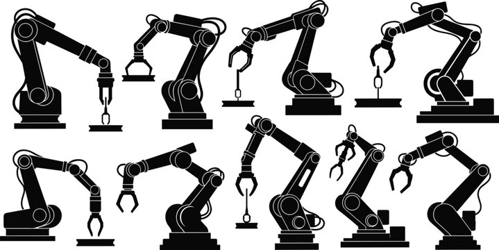 Robotic arm silhouette icon set, industrial automation, mechanical engineering, factory equipment, vector illustration, black pictogram, robotics technology graphic