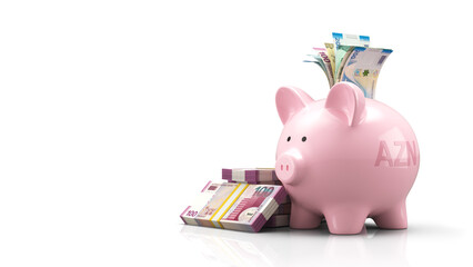 Pink piggy bank with Azerbaijan Manat currency and AZN text on white background.