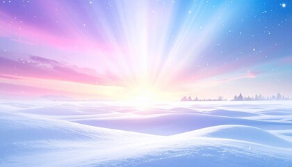 Winter landscape with snow-covered dunes and a brilliant, multicolored sky