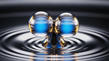 Two shimmering spheres with vibrant blue centers create ripples on a sleek, metallic surface, symbolizing connection and impact.