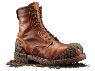 Brown leather boot covered in mud on transparent background