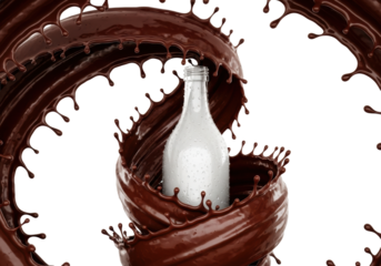 Sleek glass bottle mock-up with condensation, emerging from a powerful, frozen explosion of rich, viscous liquid chocolate splash, 3d rendered on a transparent background. Concept for luxury