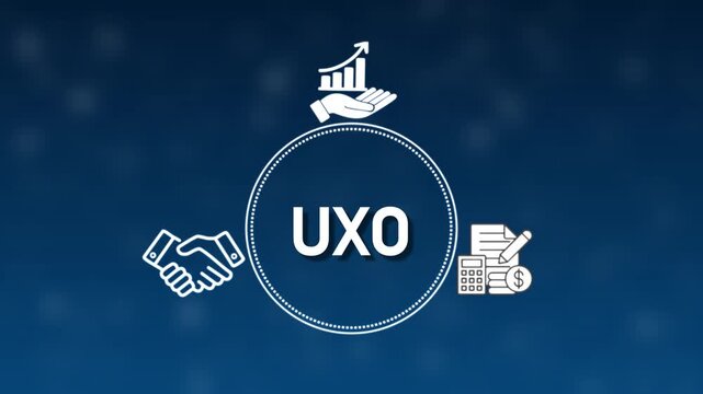 UXO business concept with handshake graph and calculator icons on blue background Keywords: UXO, business, finance, handshake, agreement, deal, partnership, graph, chart, growth, success