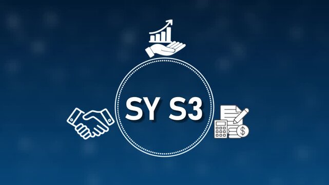 SY S3 business concept with handshake graph and calculator icons on blue background Keywords: SY S3, business, finance, handshake, agreement, deal, partnership, graph, chart, growth, success