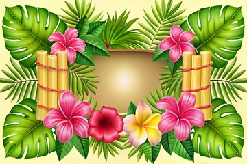 Vibrant tropical floral arrangement with lush green leaves and colorful plumeria flowers