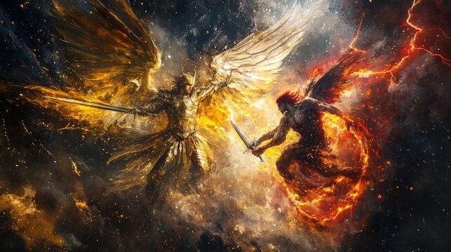 Two angels are fighting each other in a fiery battle. One of the angels is holding a sword