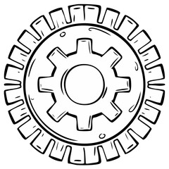 Illustration of a gear icon with circular saw blade border in outline art style isolated