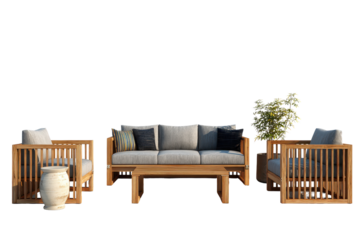 Modern outdoor living space with wooden furniture set featuring two chairs and a table