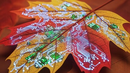 Vibrant autumn leaf transformed into a glowing circuit board, symbolizing nature's connection to technology.