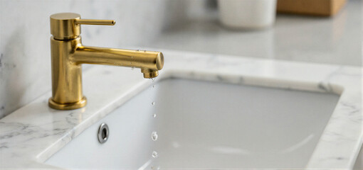 A close-up of a gold faucet dripping water into a white marble sink.