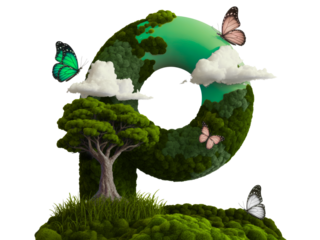 Green mossy letter with butterflies and tree on white isolated on transparent background