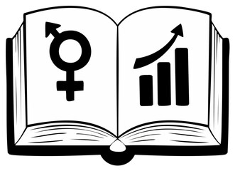 Open book with gender symbol and business graph illustrations, black and white.