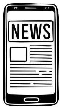 Smartphone displaying online news article in black and white, digital content