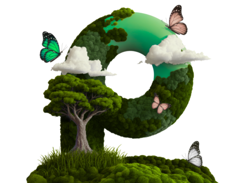 Green mossy letter with butterflies and tree on white isolated on transparent background - Powered by Adobe