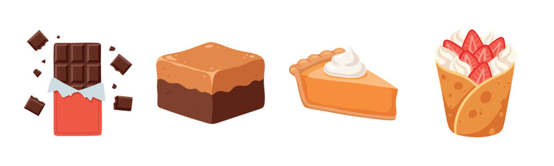 Assorted desserts: chocolate bar, brownie, pumpkin pie, and strawberry crepe