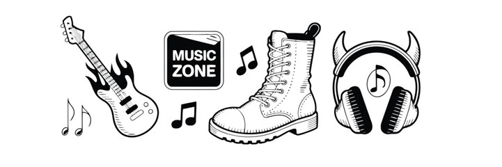 Obraz premium Black and White Music Related Guitar Boots Headphones and Notes