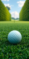 A white golf ball with a black dot rests on a lush green field, a green wall borders the scene, golf simulator in distance,  practice,  leisure