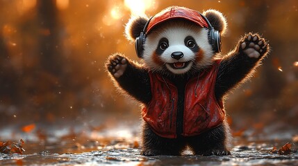 Cute panda in autumn forest