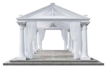 White wedding pavilion with drapes standing on stone floor in bright light during daytime