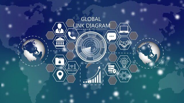 Global Link Diagram with World Map and Icons technology  concept. 4k Video animation. 
