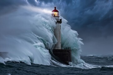 Extreme ocean storm hits a coastal lighthouse with massive waves. Concept of climate risk, natural disaster and coastal danger.