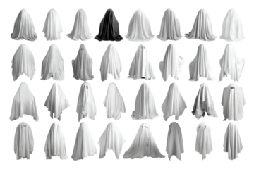 Collection of ghost figures made from white and black cloth arranged on a white background during daytime