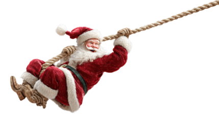 Santa Claus swings on a rope while wearing a red suit and boots at a festive event during the holiday season