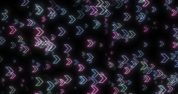 Abstract colorful arrow shapes glowing on a dark background, forming a dynamic digital pattern