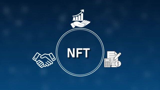 NFT Concept Graphic with Icons for Partnership Growth and Finance on Blue Background non-fungible token