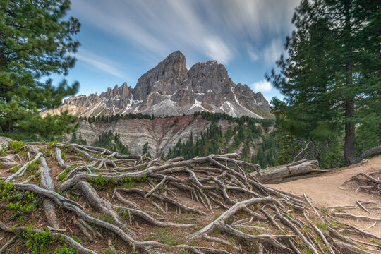 Dolomites Sass de Putia with moving clouds