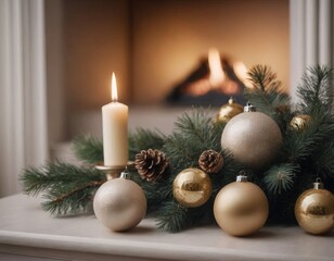 Candela e caminetto acceso per questa composizione natalizia con palline dorate