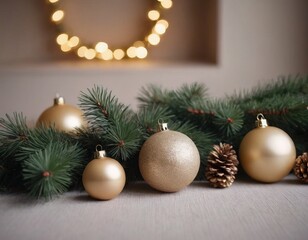 Scena natalizia con palline dorate e pino, sullo sfondo luci gialle