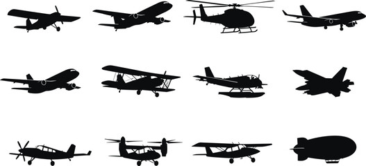 Aircraft silhouette icon set, aviation types, jet plane, helicopter, fighter jet, seaplane, vector illustration, black pictogram, flight graphic © MDMAHOMUDUL