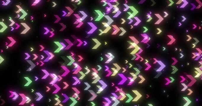 Abstract colorful arrow shapes glowing on a dark background, forming a dynamic digital pattern