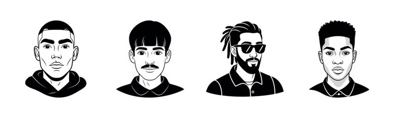 Obraz premium Four diverse male portraits: cartoon style illustrations