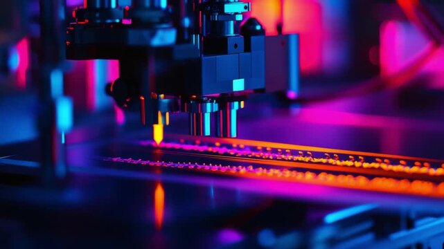 Explore the innovative world of technology. Observe a machine skillfully creating vibrant patterns and lines. Captivating visuals showcase futuristic processes. Generative AI