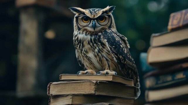 A wise owl perches atop dusty books in a cozy library setting. This enchanting scene captures the essence of knowledge and wisdom. Generative AI
