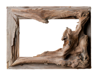 A reclaimed wood frame shows a weathered surface with a hollow center. The frame is cut out on a transparent background. Suitable for adding art or photos