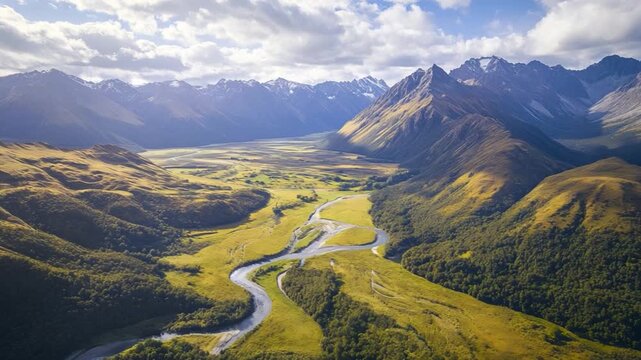Breathtaking aerial view of a serene river winding through lush green valleys and majestic mountains. Nature&rsquo;s beauty displayed in vivid detail. Generative AI